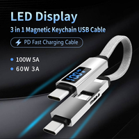 Câble de charge multiple court, porte-clés magnétique portable de voyage 3 en 1 cordon de données de chargeur USB, PD 100W USB C à Type C/pour l'éclairage