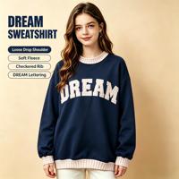 Sweatshirt Fleece Oversize Drop Shoulder Wanita Pria Unisex Kasual dengan Cetakan Grafis Huruf DREAM Logo Kustom