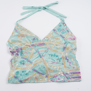 Beach Vacation Fashion Vintage <b>Sequins</b> Colorblock V Neck Halter Cami <b>Top</b> Mesh Open Back Tie Back Slim Fit Sleeveless <b>Top</b> - Product Image 6