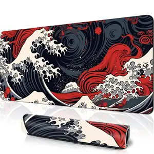 Japanese Red Sea Wave Large Gaming Mouse Pad XXL Extended Size with Stitched Edges Non-Slip Base Computer Keyboard Mouse Mat