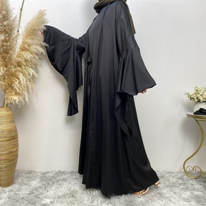 1925# Two Pieces Abaya Set Chic Lace up Waist Long Inner Dress and Ruffle Sleeves Cardigan Satin Material Eid Women Abaya - Product Image 6