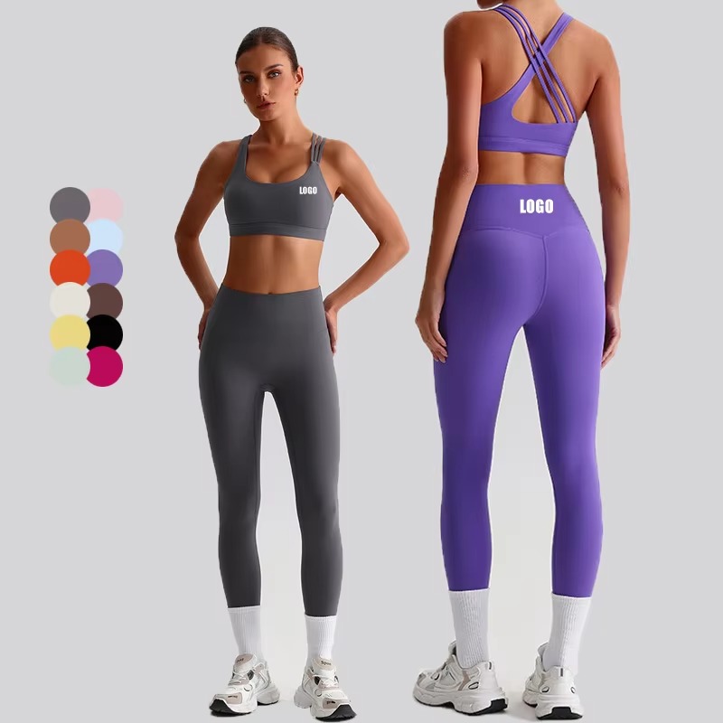 Women's Custom 18 Colors Brushed High Waisted Yoga Set Crisscross Back Stretchy Workout Suits for Outdoor Running Gym Fitness