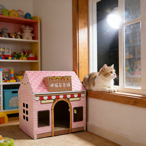 Maison pour chat en carton ondulé recyclable en gros - Conception de double grotte parent-enfant pour chaton et chat adulte - Product Image 1