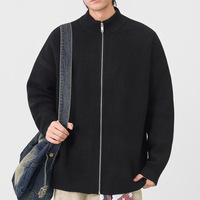 Cardigan Homme OEM ODM, Cardigan Décontracté Oversize en Maille Épaisse, Fermeture Éclair Intégrale, Col Montant, Épaules Tombantes, Coupe Ample, Manteau Cardigan