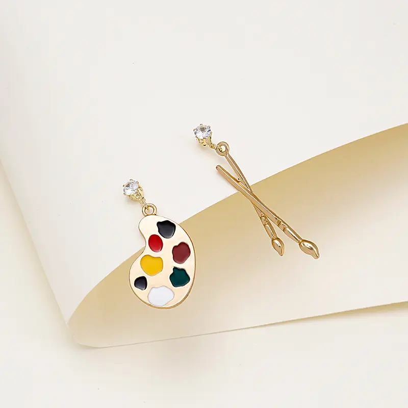 2023 Funny Cute Earrings Gold Plated Asymmetric Brush And Board Enamel Stud Earrings With Diamond