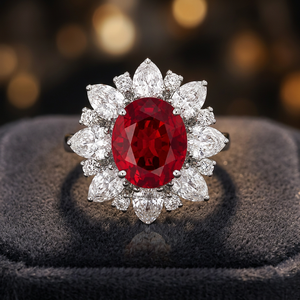 Bague Halo Florale Classique de Luxe avec Pierre Précieuse Ovale Rouge et Accents de Grenat Taillé Poire pour Femme, Or 10K 14K 18K, Argent 925 935, Rhodium - Product Image 1