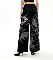 SOONREE Jeans pour femmes à imprimé dragon et tigre japonais, taille haute, jambe large, pantalon en denim pour femmes, streetwear oriental