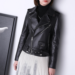 1130 Women's Classic Genuine Sheepskin Leather Motorcycle <strong>Jacket</strong> <strong>Pink</strong> Zipper Coat for Autumn Season - Product Image 3