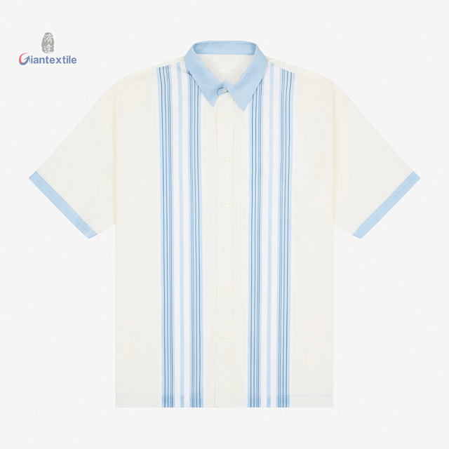 Giantextile Summer Wear Men's Short-Sleeve Striped Shirt - Light Blue and Beige Colorblock With Vertical Stripes