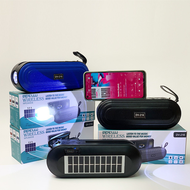 5W DV-216 Solar Powered Charging Flashlight Subwoofer Outdoor Wireless Blue Tooth AUX TF USB Sound System Speaker and FM Radio