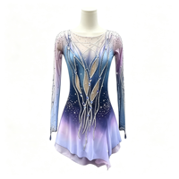 Costume de patinage artistique bleu dégradé lavande, robe à manches longues avec dos en maille et strass pour filles et adultes, performance sur glace