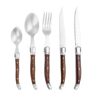 DF319 Juego de cubiertos de estilo vintage con logotipo personalizado, nueva colección, cuchillo para carne, tenedor, cuchara de mesa y cuchara para sopa, mango de madera roja - Product Image 1