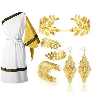 Halloween Greek Costume Accessory Toga Costume Women Grecian Golden Crown Headband Bracelet Earring Party Costume