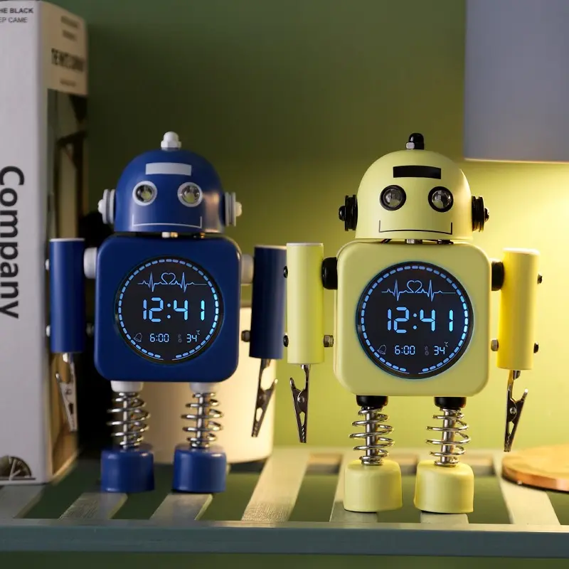 Réveil Robot moderne pour enfants-horloge à lumière analogique silencieuse avec œil clignotant et pince à main