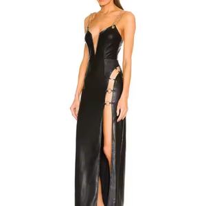 Robe de soirée d'automne sexy à col en V profond et bretelles spaghetti en cuir, fendue, longue, pour femme - Vente en gros à bas prix, haute qualité - Product Image 5