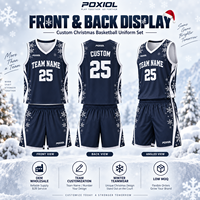 Ensemble d'uniformes de basketball personnalisés flocon de neige de Noël, maillot et short de sublimation bleu marine et blanc à col en V, nom d'équipe personnalisé, faible MOQ