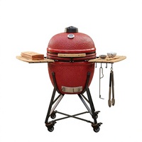 Barbecue au charbon de bois Kamado en céramique de 22 pouces en forme d'œuf avec tables latérales en bambou, couvercle à charnières et thermomètre intégré pour patio