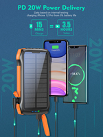 Batterie solaire portable étanche 2025 avec affichage LED, charge rapide sans fil, grande capacité 26800 mAh, personnalisable avec logo OEM