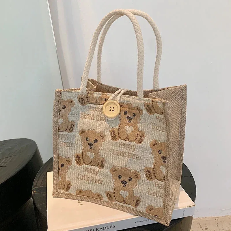 Bolso de compras con diseño de oso ecológico, bolso de mano de gran capacidad de lino y algodón, bolso de hombro de viaje sencillo y elegante para mujer