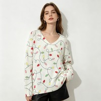 Pull en tricot à col en V pour femme, imprimé lumières de Noël rétro, style festif, imprimé numérique, pull graphique