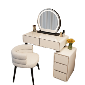 Table de toilette de luxe pour chambre à coucher avec miroir rond éclairé, rangement - Product Image 6