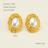 Stud Vintage Chunky Créoles Acier Inox Acier Inoxydable 18k Plaqué Or Ovale Perle Bijoux De Mode Boucles D'oreilles pour les Femmes