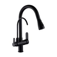 Robinet de cuisine moderne 3-en-1 à double poignée avec douchette extractible, thermostatique, 3 voies eau chaude/froide, cartouche céramique, finition laiton