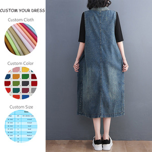 Personnalisé A-ligne Asymétrique Solide Lâche Sans Manches Midi Col V Poches Ceintures Robe <span class=keywords><strong>Haute</strong></span> Qualité Unique Femmes Coton Denim Robes - Product Image 2