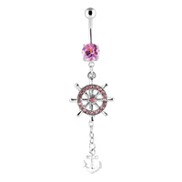 Anneau de nombril en acier inoxydable serti de diamants en forme d'ancre de bateau, anneaux de nombril de créateur en gros