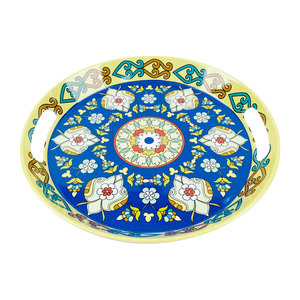 Plateaux de service en plastique de modèle de décalque de <span class=keywords><strong>fleur</strong></span> colorée de forme ronde plateaux de mélamine avec la poignée - Product Image 4