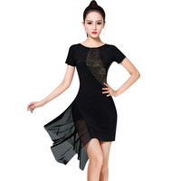 Robe de danse latine pour femme adulte, nouvelle robe de performance et de compétition, noire, à manches courtes, moulante, en cachemire orné de diamants