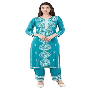Coton élégant bleu ciel droite Kurti confortable brodé à la main ethnique femmes hiver été séchage rapide fête quotidienne - Product Image 1