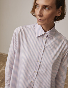 Fabricante de ropa personalizada, ropa de oficina de alta calidad, camisa de <span class=keywords><strong>mujer</strong></span> de manga larga con botones a rayas y cuello vuelto - Product Image 4