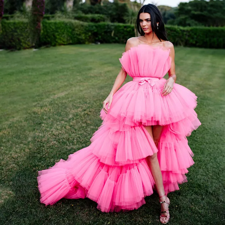 Kendall Jenner Pink Prom Dresses High Low Tiered Tulle Evening Graduation Celebrity Gowns 2022 Elegant Custom Formal Prom Dress
