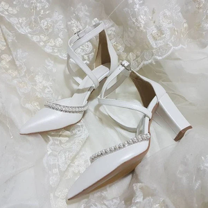 Women's White <strong>Block</strong> Fashion Ankle Strap High <strong>Heels</strong> Slip-On Pearls <strong>Court</strong> Bridal Wedding <strong>Shoes</strong> for Summer - Product Image 5
