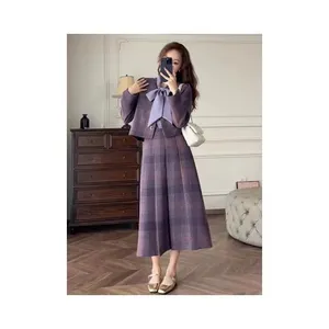 Fall new, French vintage little dress, high-end purple coat and skirt two suits