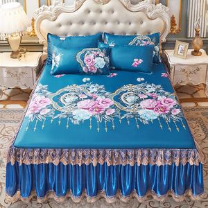 Romantic Lace Bed Skirt Home Luxury Bedding <strong>Set</strong> of King Queen Size Bed Ice Mat Folding Embroidered <strong>Sheets</strong> Bedspread with Skirt - Product Image 2