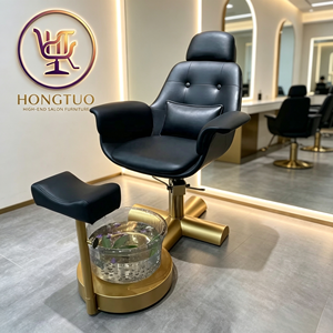 Fauteuil de Barbier Hydraulique Z Luxe avec Base Dorée, Chaise de Pédicure en PU Noir, Baignoire à Pieds en Verre Transparent, Lavabo Moderne sans Tuyauterie pour Salon de Coiffure - Product Image 1