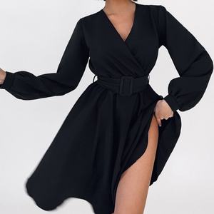 Vestido de Mujer al por Mayor, Personalizado, OEM, de Alta Calidad, Elegante, para Fiesta, Negro, Sexy, de Manga Larga, con Cuello en V y Cinturón - Product Image 4