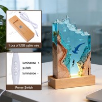 Lampe de chevet LED en résine époxy avec requin marteur et plongeur, motif vague océanique, base en bois, pour décoration intérieure – Vente en gros