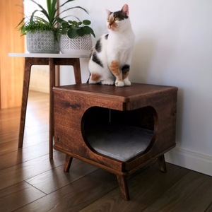 Solid Wood Cat <b>House</b> Brown Square Durable Pet <b>Bed</b> For Medium Cats - Product Image 1