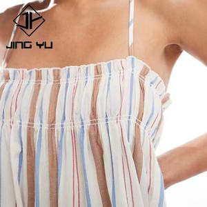 ชุดเดรสชายหาดทรงเอ คอเหลี่ยม ลายทางหลากสี เอวสูง ดีไซน์ OEM ผลิตตามสั่ง ผ้าฝ้าย 100% สไตล์ลำลอง - Product Image 4