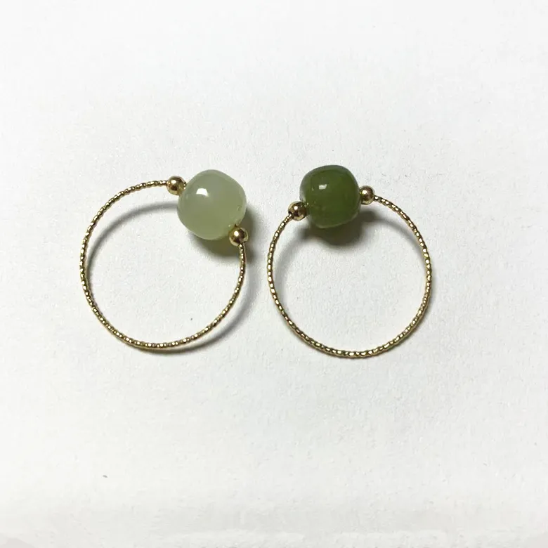 Chinese 14k gold filled circle ring with small ball Hetian jade beads vintage minimalist natural nephrite ring