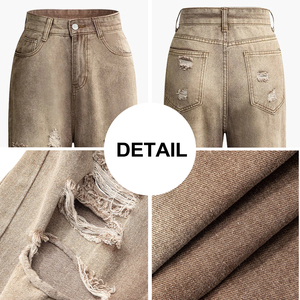 Jeans droits marron clair déchirés taille haute personnalisés pour femmes pantalon <span class=keywords><strong>baggy</strong></span> décontracté et mince en denim délavé vintage pour femmes - Product Image 6