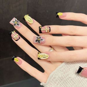 En gros, <span class=keywords><strong>Faux</strong></span> ongles à presser faits main Y2K, style French manucure œil de chat rose, motif fleur 3D, minimaliste et évasé, 10 pièces - Product Image 3