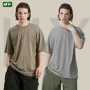 Heren Zware Katoenen T-Shirt Hoge Kwaliteit Custom Logo Ontwerp Blanco Oversized Drop Shoulder Rib-Hals T-Shirt Voor Mannen