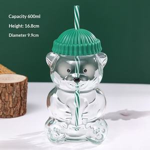 Gobelet en verre avec motif d'ours, portable avec couvercle et paille pour les jeunes - Product Image 3