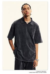 Maglietta da uomo a 2 pezzi con collo piegato t-shirt sportiva di alta moda sportiva <span class=keywords><strong>pantaloncini</strong></span> e polo vintage grafica t-shirt set - Product Image 3