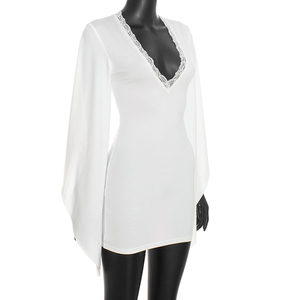 Viviblook D26DS272 Robe moulante courte à manches longues en dentelle unie décontractée pour femme, nouvelle collection automne - Product Image 2