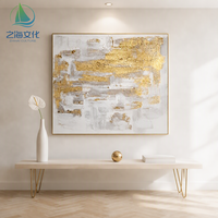 Peinture murale abstraite sur toile, ornementée de feuille d'or et de traçages horizontaux en or blanc raffiné, pour la décoration du salon